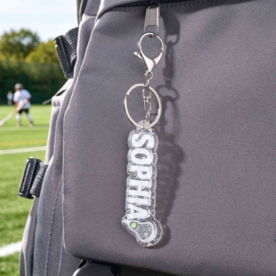 Personalized Lacrosse Bag Tag with Name, Glitter Acrylic Lacrosse Keychain, Cute Team Spirit Backpack Charm for Kids, Gift for Lacrosse Players/Fans