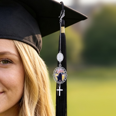 Personalized Vintage Grad Photo Mary Rosary Charm, Cap Hanging Decor with Cross & Religious Medal, Remembrance Gift for High School/College Graduates