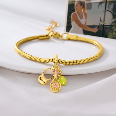Personalized Tennis Racket Ball Visor Charm Bracelet with Name, Sterling Silver 925 Adjustable Sports Bracelet, Gift for Tennis Lovers/Players/Coaches
