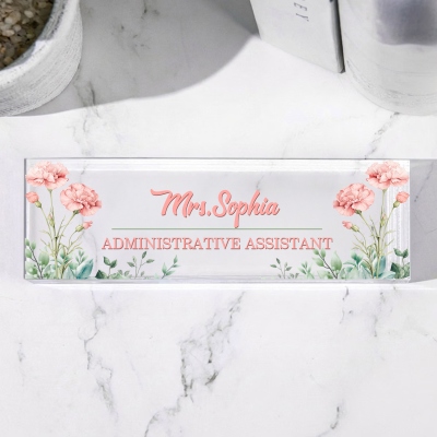 Personalized Birth Flower Desk Name Plate, Acrylic Desk Name Block, Office Title Sign, Back to School/Appreciation Gift for Colleagues/Teachers