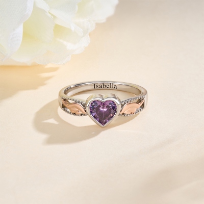 Personalized Name Engraved Angel Wings Ring with Heart Birthstone, Dainty Birthstone Jewelry, Birthday/Anniversary/Memorial Gift for Her/Mom/Women