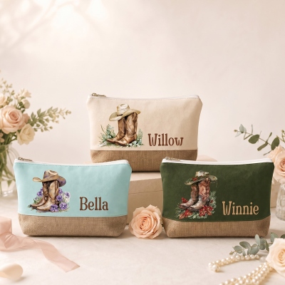 Custom Name Birth Flower Cowgirl Boots Linen Canvas Splicing Cosmetic Bag, Large Capacity Travel Makeup Bag, Birthday/Wedding Gift for Her/Bridesmaids