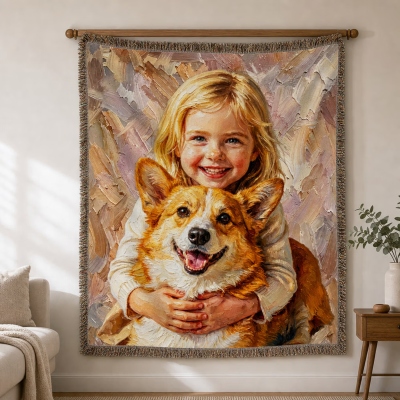 Personalized Pet Photo Oil Painting Design Blanket with Tassels, Vintage Flannel Bed Couch Throw, Home Decor, Birthday Gift for Pet Mom/Owners/Her
