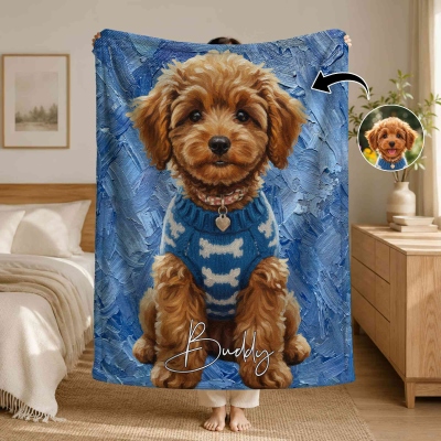 Personalized Pet Photo Oil Painting Design Blanket with Name, Vintage Flannel/Sherpa Soft Throw for Bed Couch, Home Decor, Gift for Pet Mom/Owners