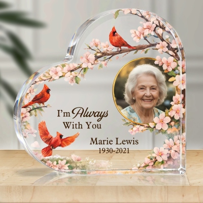 Personalized Photo & Name Always with You Floral Cardinal Memorial Acrylic Heart Plaque, Freestanding Desk Decor, Sympathy Gift for Loss of Family