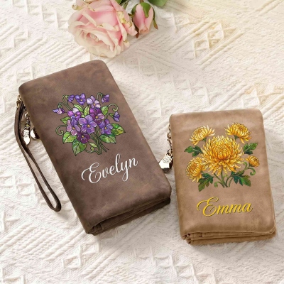 Personalized Birth Flower Tri-Fold Wallet with Name, Leather Wallet Card Phone Holder with Wrist Strap, Birthday/Mother's Day Gift for Her/Mom/Women