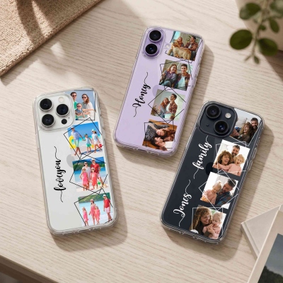 Personalized Transparent Phone Case with 4 Photo Collage with Name, Sentimental Memory Phone Cover for iPhone, Anniversary/Birthday Gift for Family
