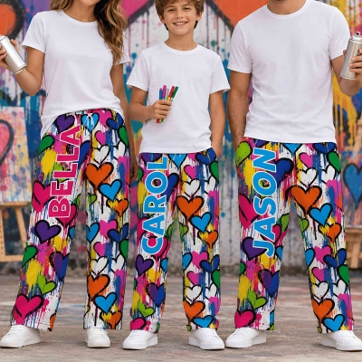 Personalized Name Graffiti Heart Lounge Pajama Pants, Rainbow Loose Elastic Drawstring Sleep Pants, Matching Family Outfit, Gift for Kids/Teens/Family