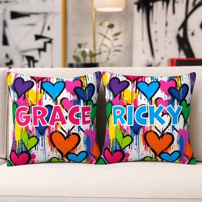 Personalized Rainbow Graffiti Heart Throw Pillow Cover with Name, Multicolor Pillowcase with Optional Insert, Home Decor, Gift for Teens/Kids/Family