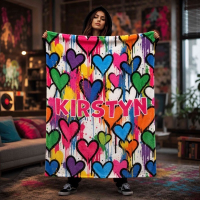 Personalized Modern Rainbow Graffiti Heart Blanket with Name, Vibrant Flannel/Sherpa Throw for Bed Couch, Home Decor, Gift for Teens/Graffiti Lovers