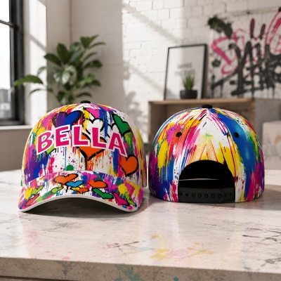 Personalized Rainbow Graffiti Heart Baseball Cap with Name, Hip Hop Streetwear Adjustable Hat, Photoshoot Outfit, Gift for Teens/Kids/Graffiti Lovers