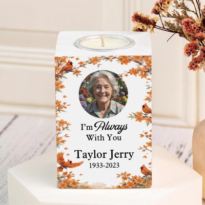 Custom Photo & Name Always with You Floral Cardinal Memorial Tea Light Holder, White Wooden Candle Jar, Condolence/Sympathy Gift for Loss of Loved One