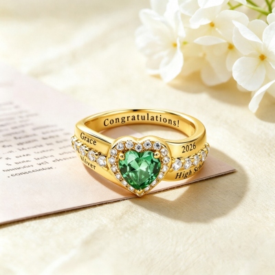 Custom Engraved Graduation Ring with Heart Birthstone, Class of 2026 Graduation Jewelry, High School/University/College Class Ring, Gift for Graduates