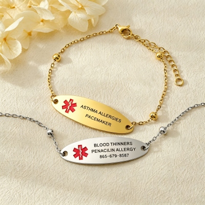 Personalized Engraved Medical Alert Adjustable Bracelet, Stainless Steel Medical ID Emergency Contact Bracelet for Women, Gift for Mom/Wife/Family