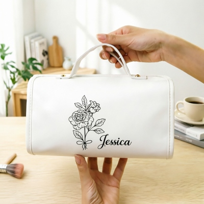 Custom Name & Birth Flower Foldable 4-in-1 Makeup Bag with Handle, Hanging Roll up Toiletry Bag, Birthday/Wedding Gift for Her/Mom/Bridesmaids/Women