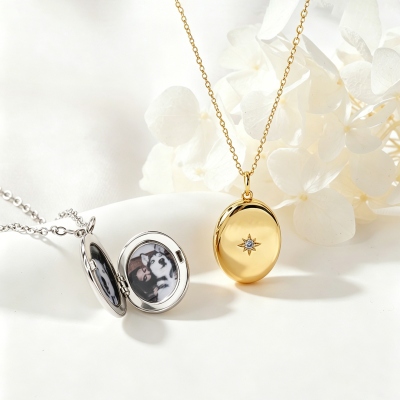 Personalized Oval Photo Locket Necklace with Birthstone, Dainty Memorial Jewelry, Birthday/Mother's Day/Anniversary Gift for Her/Mom/Family/Couple