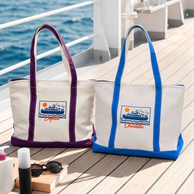 Personalized Name Cruise Trip Boat Tote Bag, Canvas Beach Tote, Large Capacity Handbag, Travel Accessory, Vacation Gift for Women/Family/Friends