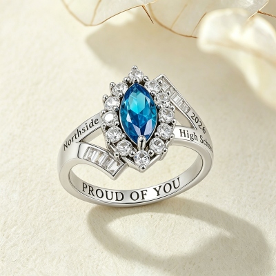 Personalized Engraved Graduation Ring with Marquise Birthstone, Class of 2026 Graduation Jewelry, High School/College Class Ring, Gift for Graduates