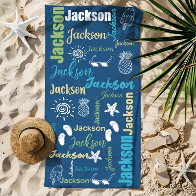 Custom Name Doodle Summer Beach Towel, Quick Dry Microfiber Bath Towel, Vacation/Beach/Pool Party Favor, Travel Essential, Gift for Kid/Family/Friend