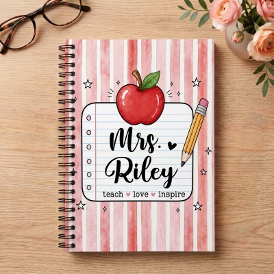 Personalized Apple Striped Teacher's Notebook with Name, Softcover A5 Spiral Notebook, Teachers' Day/Appreciation/Back to School Gift for Teachers