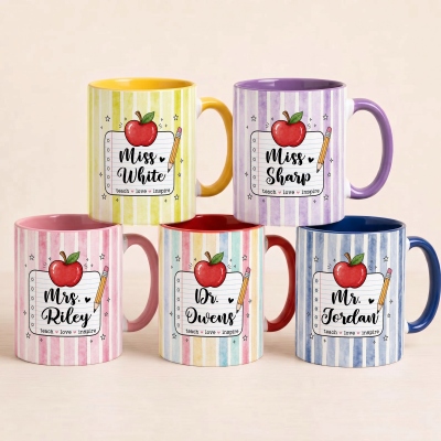 Personalized Name Apple Notebook Striped Teacher’s Mug, 11oz/15oz Two Tone Ceramic Coffee Tea Mug, Back to School/Appreciation Gift for Teachers