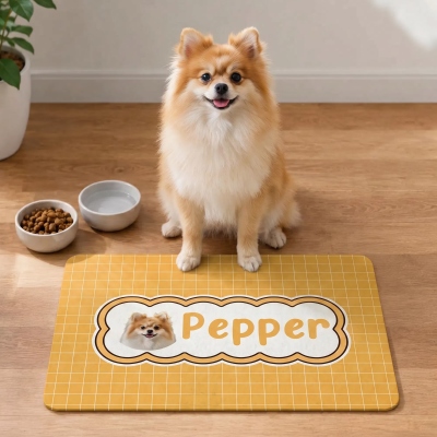 Personalized Name Pet Portrait Gingham Food Mat, Waterproof Non-Slip Pet Placemat for Cats/Dogs, Housewarming Gift for Pet Owners/Lovers