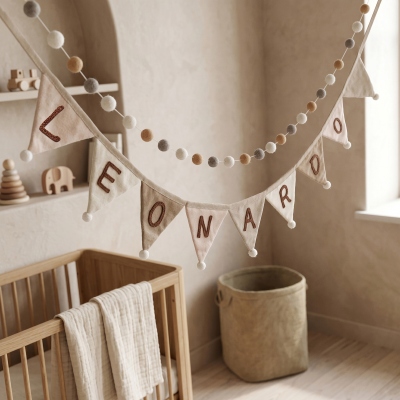 Custom Knitted Name Velvet Pennant Banner, Boho Plush Triangle Flag Garland with Fluffy Pom Pom, Nursery Room Decor, Baby Shower Gift for New Parents