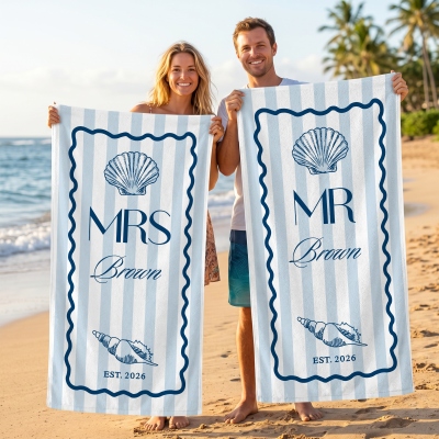 Personalized Name Striped Mr and Mrs Beach Towel, Quick Dry Pool Towel, Honeymoon/Vacation Party Favor, Anniversary/Wedding Gift for Couple/Newlyweds