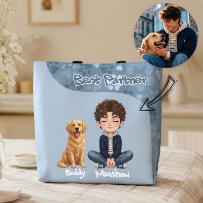 Personalized Cartoon Human & Pet Portrait Tote Bag with Name, Multicolor Large Capacity Reusable Outdoor Handbag, Memorial Gift for Pet Owners/Lovers