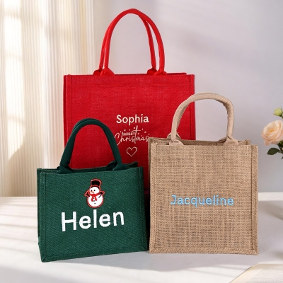 Personalized Name Embroidered Christmas-Themed Tote Bag, Large Capacity Jute Handbag, Holiday Party Favor, Christmas Gift for Family/Friends