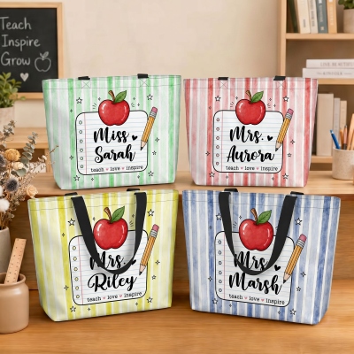 Personalisierte Apfel-Notizbuch-Tragetasche mit Streifenmuster und großem Fassungsvermögen, ideales Geschenk für Lehrer und Pädagogen zum Schulbeginn oder als Dankeschön.