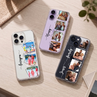 Personalized Transparent Phone Case with 4 Photo Collage with Name, Sentimental Memory Phone Cover for iPhone, Anniversary/Birthday Gift for Family