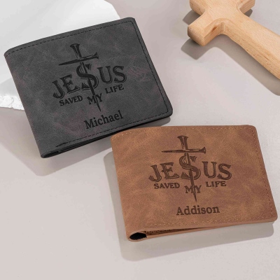 Custom Engraved Name Jesus Saved My Life Leather Wallet, PU Leather Luxury Bifold Men's Wallet, Birthday/Father's Day Gift for Christian/Dad/Grandpa
