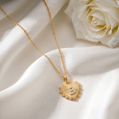 Personalized Pave Diamond Initial Sunburst Heart Necklace, Dainty Single Letter Radiant Scalloped Heart Pendant, Birthday Gift for Mom/Girlfriends/Her
