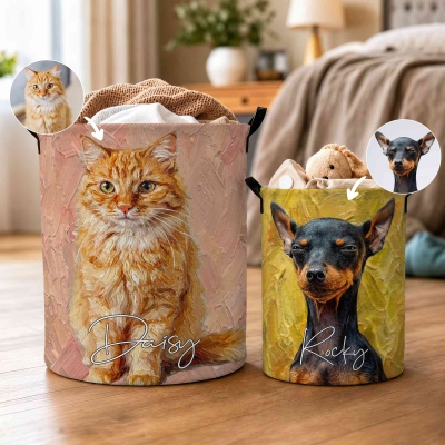 Personalized Name & Photo Oil Painting Pet Portrait Storage Basket with Handles, Waterproof Large Capacity Toy Laundry Basket, Gift for Pet Parents