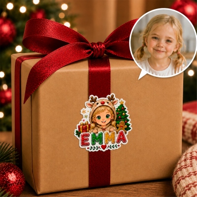 Personalized Christmas Stickers with Photo & Name, Holiday Gift Tags, Cartoon Reindeer Pattern Design, Gift for Boys/Girls