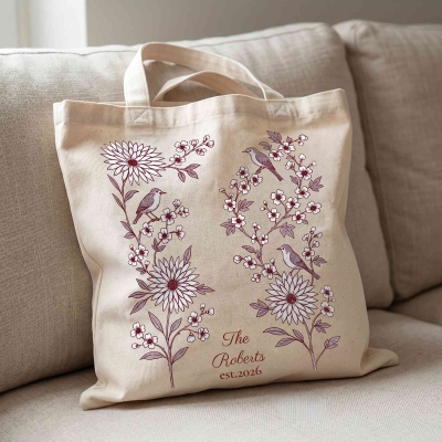 Custom Name & Year Floral Sparrow/Mandarin Duck Couple Tote Bag, Large Capacity Canvas Handbag, Anniversary/Wedding Gift for Her/Couple/Bridesmaids