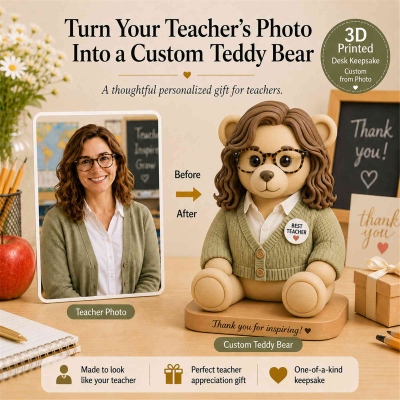 Personalized 3D Printed Teddy Bear Ornament with Uploaded Photo, Cute Desk‑Sized Keepsake Decor, Holiday Gift for Teachers