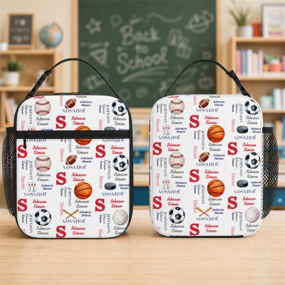 Custom Name Sports Ball Word Cloud Lunch Bag, Large Capacity Insulated Lunch Box with Handle & Side Pocket, Birthday/Back to School Gift for Kids