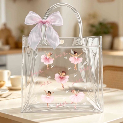 Personalized Name Cartoon Ballerina Girl & Bow Gift Bag with Ribbon, PVC Clear Bag, Party Favor Goodie Tote, Birthday Gift for Girls/Ballet Lovers