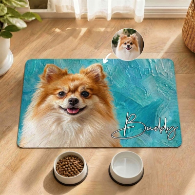 Personalized Name & Photo Oil Painting Pet Portrait Food Mat, Waterproof Non-Slip Pet Placemat for Cats/Dogs, Housewarming Gift for Pet Parents