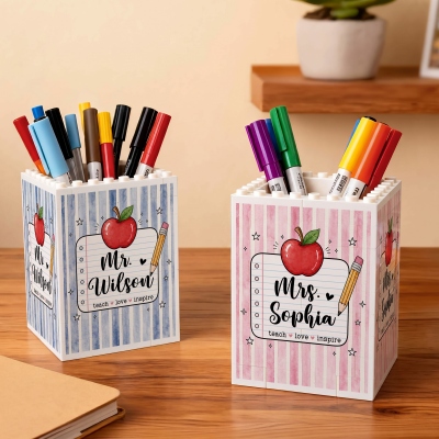 Custom Name Apple Notebook Striped Building Blocks Pencil Holder, Office Pen Stand, Desk Organizer, Appreciation/Back to School Gift for Teachers