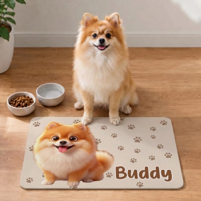 Personalized Name & Photo Cute Cartoon Pet Portrait Food Mat, Waterproof Non-Slip Pet Placemat for Cats/Dogs, Housewarming Gift for Pet Parents