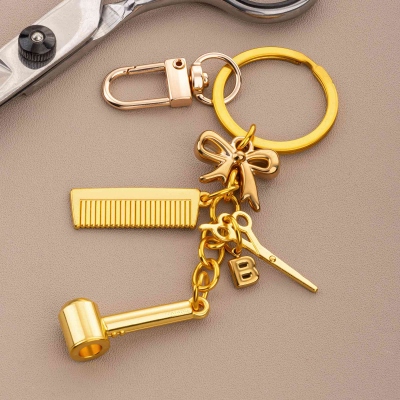 Personalized Initial Hair Tools & Bow Keychain, Hair Dryer Comb Scissors Letter Keyring, Birthday/Memorial Gift for Hairdressers/Hairstylists/Barbers