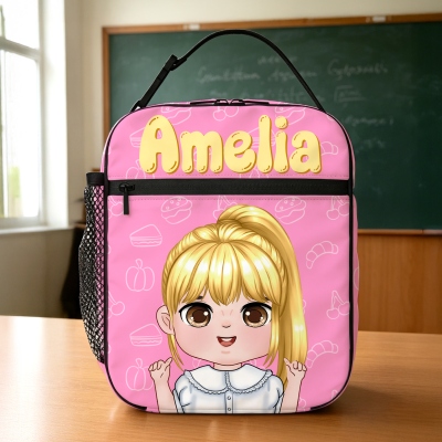 Custom Name Cartoon Kid Character Insulated Lunch Bag, Large Capacity Lunch Box with Handle & Side Pocket, Back to School/Birthday Gift for Students