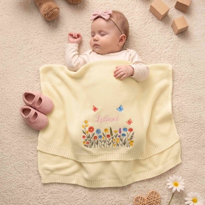 Personalized Embroidered Wildflower Knitted Baby Blanket with Name, Cotton Swaddle Blanket, Nursery Essential, Baby Shower/Birthday Gift for Newborns