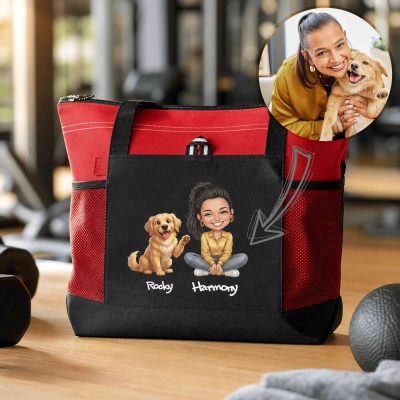 Custom Name & Photo Cartoon Pet & Owner Portrait Tote Bag, Large Capacity Zippered Handbag with Mesh Pockets, Birthday/Memorial Gift for Pet Parents
