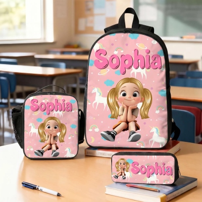 Custom Cute Cartoon Character Backpack with Lunch Bag & Pencil Case with Name, Children's School Bag Set, Back to School/Birthday Gift for Boys/Girls