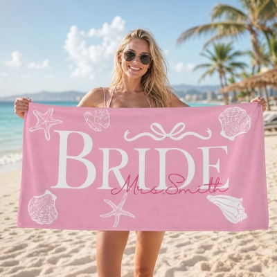 Custom Name Bow Shell Bride Beach Towel, Microfiber Quick Dry Pool Bath Towel, Honeymoon/Bachelorette Party Favor, Vacation/Wedding Gift for Brides