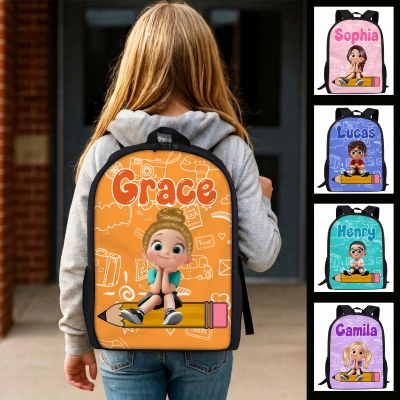 Personalized Cartoon Character Pencil Pattern School Bag with Name, Large Capacity Multicolor Backpack, Birthday/Back to School Gift for Kids/Students